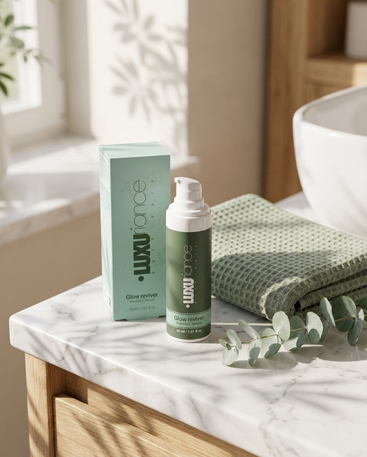 Vitamin C Serum on a marble bathroom counter