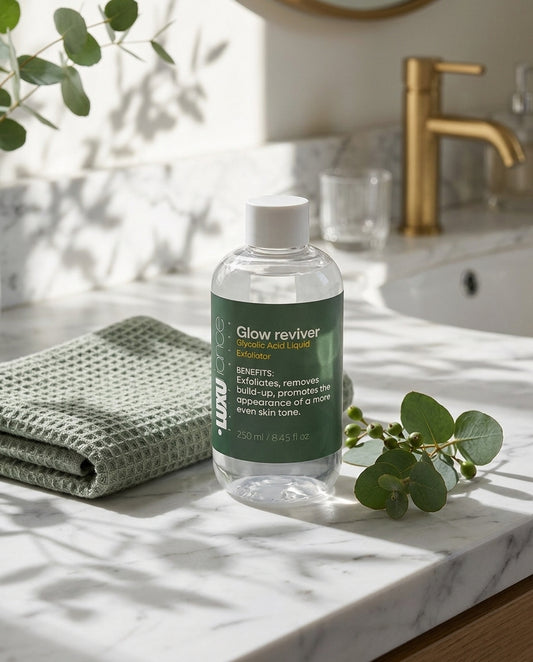 Glycolic Acid Exfoliator on a marble bathroom counter